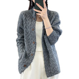 GETADME Women Autumn Winter New Cashmere Wool Sweater Half-high Collar Twisted Knitted Cardigan Casual Knit Thick Jacket Loose Tops