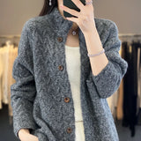 GETADME Women Autumn Winter New Cashmere Wool Sweater Half-high Collar Twisted Knitted Cardigan Casual Knit Thick Jacket Loose Tops