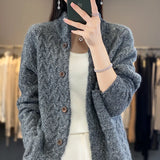 GETADME Women Autumn Winter New Cashmere Wool Sweater Half-high Collar Twisted Knitted Cardigan Casual Knit Thick Jacket Loose Tops