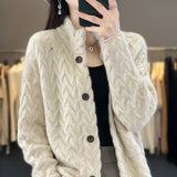 GETADME Women Autumn Winter New Cashmere Wool Sweater Half-high Collar Twisted Knitted Cardigan Casual Knit Thick Jacket Loose Tops