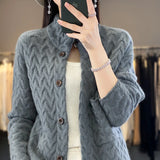 GETADME Women Autumn Winter New Cashmere Wool Sweater Half-high Collar Twisted Knitted Cardigan Casual Knit Thick Jacket Loose Tops