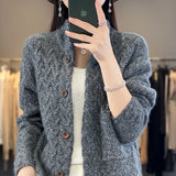 GETADME Women Autumn Winter New Cashmere Wool Sweater Half-high Collar Twisted Knitted Cardigan Casual Knit Thick Jacket Loose Tops
