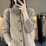 GETADME Women Autumn Winter New Cashmere Wool Sweater Half-high Collar Twisted Knitted Cardigan Casual Knit Thick Jacket Loose Tops