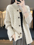 GETADME Women Autumn Winter New Cashmere Wool Sweater Half-high Collar Twisted Knitted Cardigan Casual Knit Thick Jacket Loose Tops