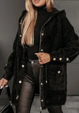 GETADME Women Autumn Winter Plush Button Zipper Long Sleeve Coat Jacket Pockets Hooded Solid Color Outwear