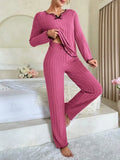 GETADME Women Autumn Winter Sleepwear Ribbed Pajamas Set Long Sleeve Top and Long Pants 2 Piece Set Casual Homewear Loungewear