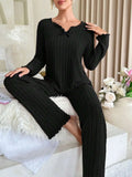 GETADME Women Autumn Winter Sleepwear Ribbed Pajamas Set Long Sleeve Top and Long Pants 2 Piece Set Casual Homewear Loungewear