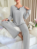 GETADME Women Autumn Winter Sleepwear Ribbed Pajamas Set Long Sleeve Top and Long Pants 2 Piece Set Casual Homewear Loungewear