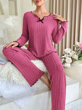 GETADME Women Autumn Winter Sleepwear Ribbed Pajamas Set Long Sleeve Top and Long Pants 2 Piece Set Casual Homewear Loungewear