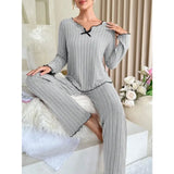 GETADME Women Autumn Winter Sleepwear Ribbed Pajamas Set Long Sleeve Top and Long Pants 2 Piece Set Casual Homewear Loungewear