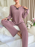 GETADME Women Autumn Winter Sleepwear Ribbed Pajamas Set Long Sleeve Top and Long Pants 2 Piece Set Casual Homewear Loungewear