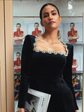 GETADME Women Black Rhinestone Decor Velvet Mini Dress Elegant Square Neck Long Sleeve High Waist A-line Dresses Lady Evening Party Gown