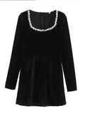 GETADME Women Black Rhinestone Decor Velvet Mini Dress Elegant Square Neck Long Sleeve High Waist A-line Dresses Lady Evening Party Gown