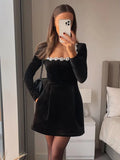 GETADME Women Black Rhinestone Decor Velvet Mini Dress Elegant Square Neck Long Sleeve High Waist A-line Dresses Lady Evening Party Gown