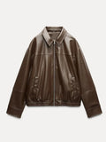 GETADME Women Brown Long Sleeve Lapel Leather Jacket Fashion Zipper Pockets Loose Coats Autumn Winter New Lady High Street Outerwear