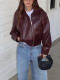 GETADME Women Brown Long Sleeve Lapel Leather Jacket Fashion Zipper Pockets Loose Coats Autumn Winter New Lady High Street Outerwear
