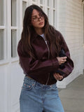 GETADME Women Brown Long Sleeve Lapel Leather Jacket Fashion Zipper Pockets Loose Coats Autumn Winter New Lady High Street Outerwear