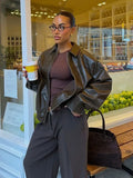 GETADME Women Brown Long Sleeve Lapel Leather Jacket Fashion Zipper Pockets Loose Coats Autumn Winter New Lady High Street Outerwear