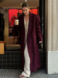 Manteau long bordeaux à revers pour femme GETADME, élégant et chic, croisé, manches longues, coupe oversize, style streetwear décontracté automnal