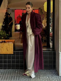 Manteau long bordeaux à revers pour femme GETADME, élégant et chic, croisé, manches longues, coupe oversize, style streetwear décontracté automnal