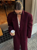 Manteau long bordeaux à revers pour femme GETADME, élégant et chic, croisé, manches longues, coupe oversize, style streetwear décontracté automnal