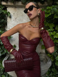 GETADME Women Burgundy Sexy Pu Leather Strapless Dress Fashion Backless Sleeveless Long Gown 2025 New Female Evening Party Prom Robe
