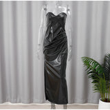 GETADME Women Burgundy Sexy Pu Leather Strapless Dress Fashion Backless Sleeveless Long Gown 2025 New Female Evening Party Prom Robe