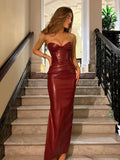 GETADME Women Burgundy Sexy Pu Leather Strapless Dress Fashion Backless Sleeveless Long Gown 2025 New Female Evening Party Prom Robe