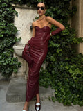 GETADME Women Burgundy Sexy Pu Leather Strapless Dress Fashion Backless Sleeveless Long Gown 2025 New Female Evening Party Prom Robe
