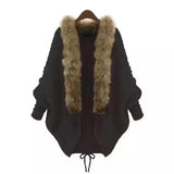GETADME Women Cardigan Sweater Thick Poncho Capes Autumn Winter Femme knitted Bat Sleeve Fur Collar Wool Sweater Knitted Long Cardigan