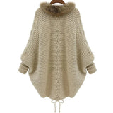 GETADME Women Cardigan Sweater Thick Poncho Capes Autumn Winter Femme knitted Bat Sleeve Fur Collar Wool Sweater Knitted Long Cardigan