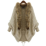GETADME Women Cardigan Sweater Thick Poncho Capes Autumn Winter Femme knitted Bat Sleeve Fur Collar Wool Sweater Knitted Long Cardigan
