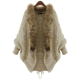 GETADME Women Cardigan Sweater Thick Poncho Capes Autumn Winter Femme knitted Bat Sleeve Fur Collar Wool Sweater Knitted Long Cardigan