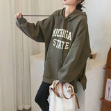GETADME Women Clothing Slit Hem Plus Size Print Letter Hoodies Sweatshirts Spring Autumn New Loose Street Casual Tops Vintage Fashion