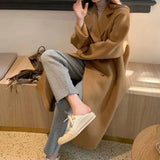 GETADME Women Coat Double-Breasted Long Sleeve Casual Loose Solid Lapel Woolen Coat Female Autumn/Winter All-matching Outwear