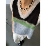 GETADME Women Color Block Vintage V-Neck Sweater Vest 2024 Fall Winter Korean Fashion New in Knit Niche Design Spliced Loose Tops