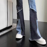 GETADME 여성 콘트라스트 패치워크 플레어 진 여성 스트레치 하이웨이스트 스키니 부츠컷 팬츠 여성 패션 데님 팬츠 사이즈 S-2XL