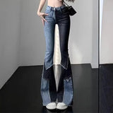 GETADME 여성 콘트라스트 패치워크 플레어 진 여성 스트레치 하이웨이스트 스키니 부츠컷 팬츠 여성 패션 데님 팬츠 사이즈 S-2XL