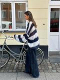 Getadme  Women Contrast Striped Knitted Cardigan With Scarf Oversize Long Lantern Sleeves Sweater Tops 2025 High Street Lady Knitwear  ﻿