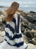 GETADME Women Contrast Striped Knitted Cardigan With Scarf Oversize Long Lantern Sleeves Sweater Tops 2025 High Street Lady Knitwear  ﻿