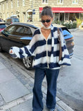 Getadme  Women Contrast Striped Knitted Cardigan With Scarf Oversize Long Lantern Sleeves Sweater Tops 2025 High Street Lady Knitwear  ﻿