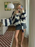 GETADME Women Contrast Striped Knitted Cardigan With Scarf Oversize Long Lantern Sleeves Sweater Tops 2025 High Street Lady Knitwear  ﻿