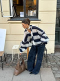 Getadme  Women Contrast Striped Knitted Cardigan With Scarf Oversize Long Lantern Sleeves Sweater Tops 2025 High Street Lady Knitwear  ﻿