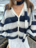 Getadme  Women Contrast Striped Knitted Cardigan With Scarf Oversize Long Lantern Sleeves Sweater Tops 2025 High Street Lady Knitwear  ﻿
