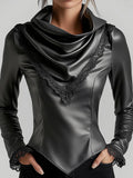GETADME Women Cowl Neck PU Leather Lace Trim Long Sleeve Blouse Cinched Irregular Hem Solid Leather TShirt High Street Spring Streetwear