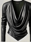 GETADME Women Cowl V Neck PU Leather Long Sleeve Blouse Cinched Irregular Hem Solid Leather T Shirt High Street Spring Streetwear