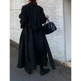 GETADME Women Elegant Long Woolen Coat with Belt Autumn Winter New Fashion Solid Lapel Long Sleeve Chic Outerwear Ladies Casual Overcoat