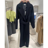 GETADME Women Elegant Long Woolen Coat with Belt Autumn Winter New Fashion Solid Lapel Long Sleeve Chic Outerwear Ladies Casual Overcoat
