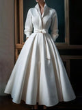 GETADME Women Elegant Shirt Dress Long Sleeve Stand Collar White Minimalist A-Line Pleated Wedding Guest Long Dresses with Blet 2025