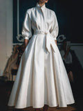 GETADME Women Elegant Shirt Dress Long Sleeve Stand Collar White Minimalist A-Line Pleated Wedding Guest Long Dresses with Blet 2025